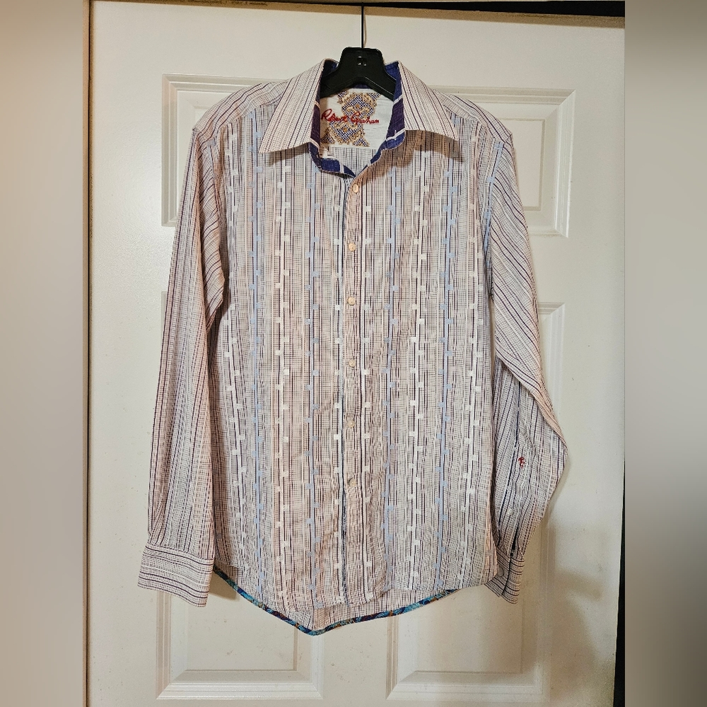 Robert Graham Men's Striped Shirt Size M Classic fit, Flip Cuff